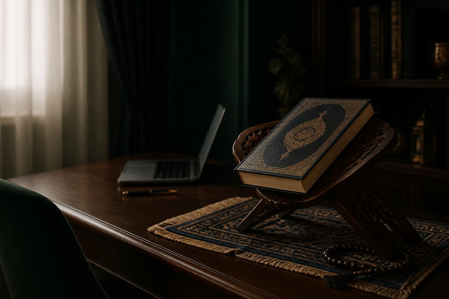 A Quran resting on a carved wooden stand in a refined home study