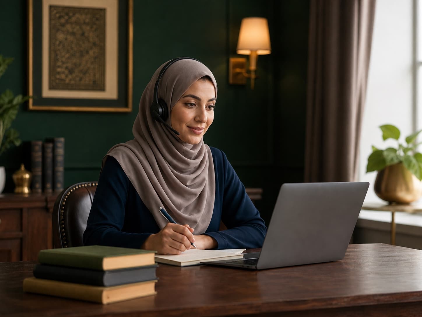 Online Quran tutor preparing a lesson at her laptop